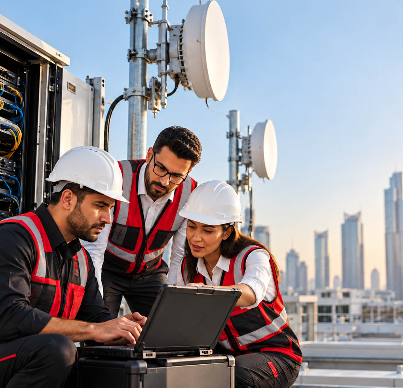 Xtream engineers commissioning a wireless link on a Dubai rooftop